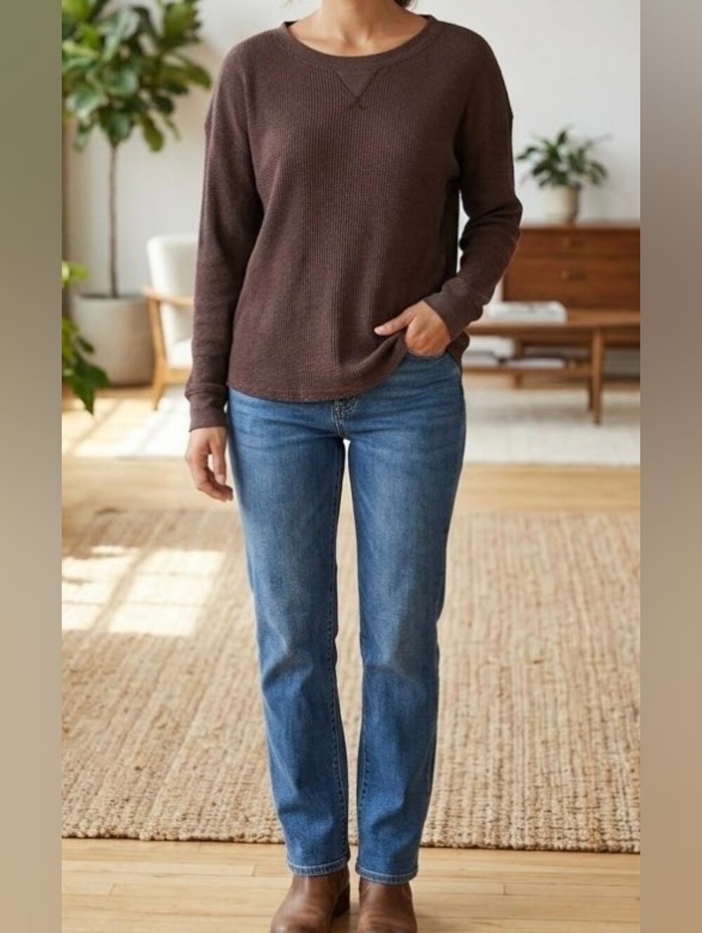 Seven7 Brown Long Sleeve Top Size L Large T-shirt Cotton Blouse
